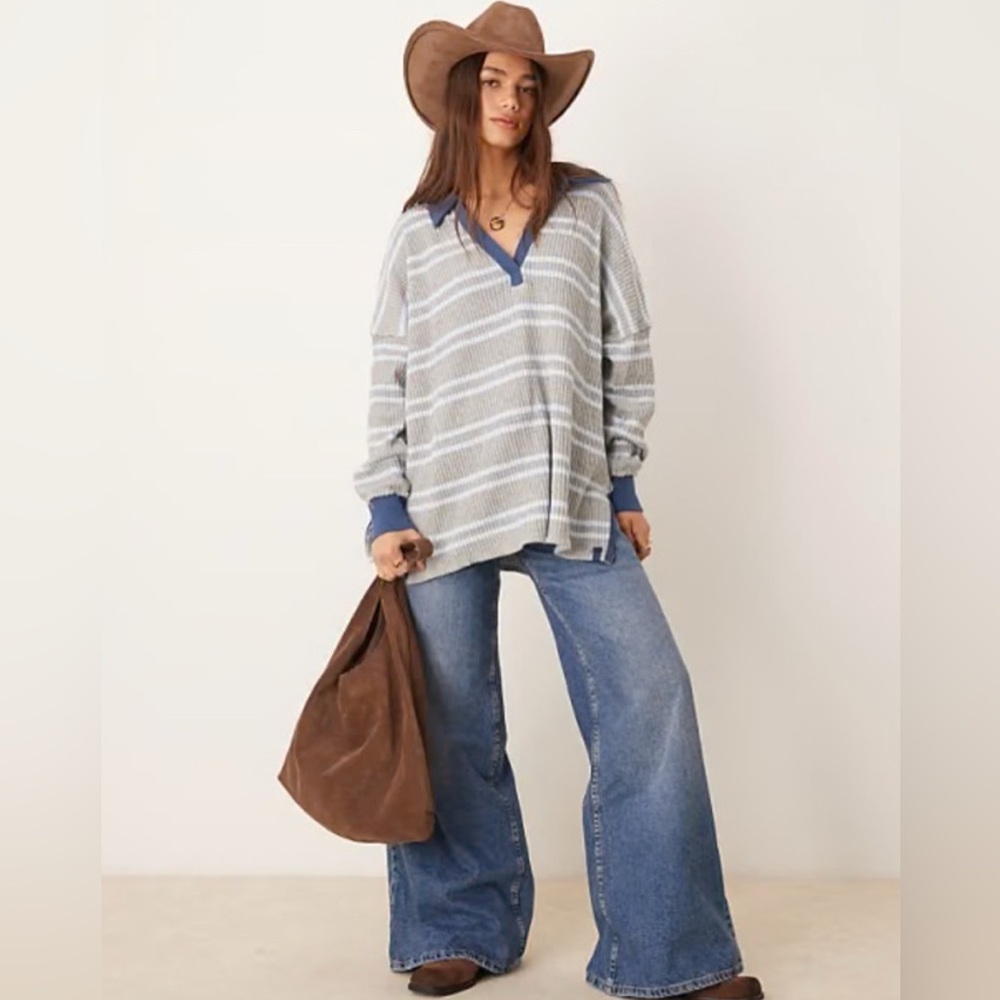 Free People Striped Travis Polo Shirt - Long Sleeve (gray combo)